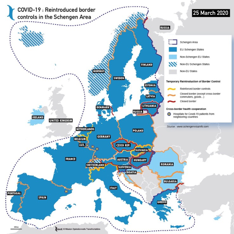 Carte 3 : Réintroduction des contrôles aux frontières dans l’espace
                            Schengen au 25 mars 2020